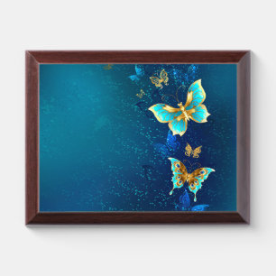 Golden Butterflies on a Blue Background Award Plaque