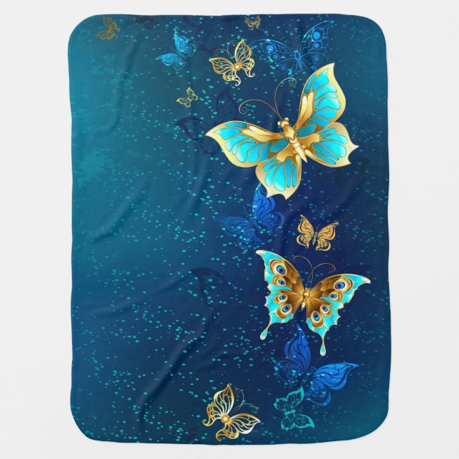 Golden Butterflies on a Blue Background Baby Blanket (Front)