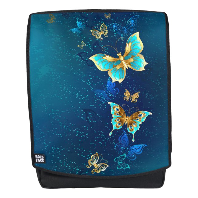 Golden Butterflies on a Blue Background Backpack (Front)
