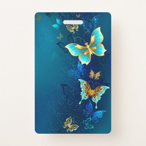 Golden Butterflies on a Blue Background Badge
