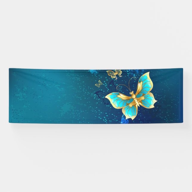 Golden Butterflies on a Blue Background Banner (Horizontal)