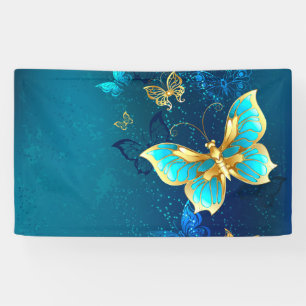 Golden Butterflies on a Blue Background Banner