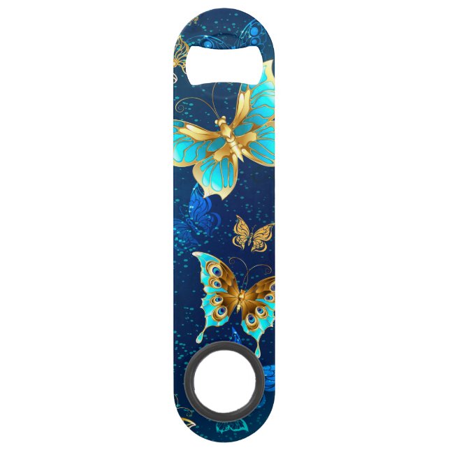 Golden Butterflies on a Blue Background Bar Key (Front)
