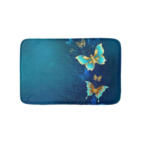 Golden Butterflies on a Blue Background Bath Mat