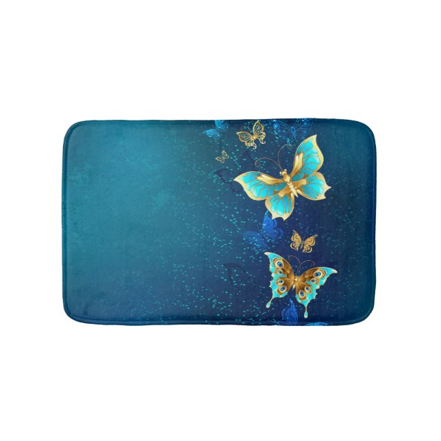 Golden Butterflies on a Blue Background Bath Mat (Front)