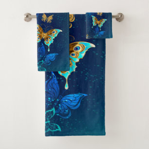 Golden Butterflies on a Blue Background Bath Towel Set