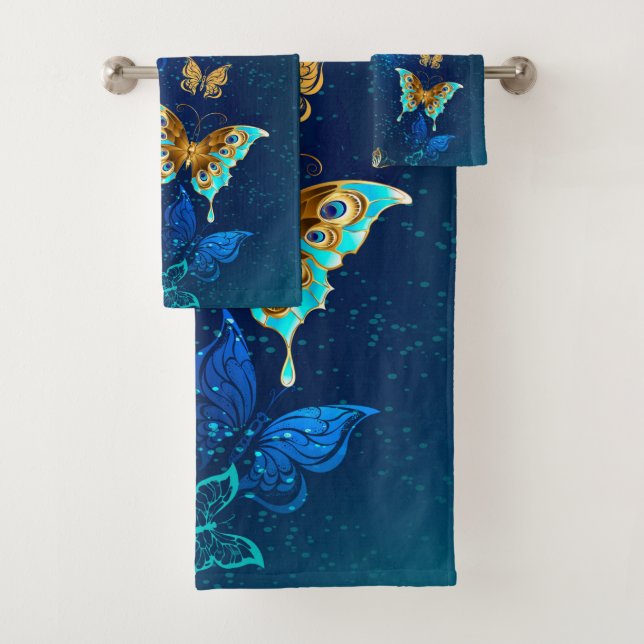 Golden Butterflies on a Blue Background Bath Towel Set (Insitu)