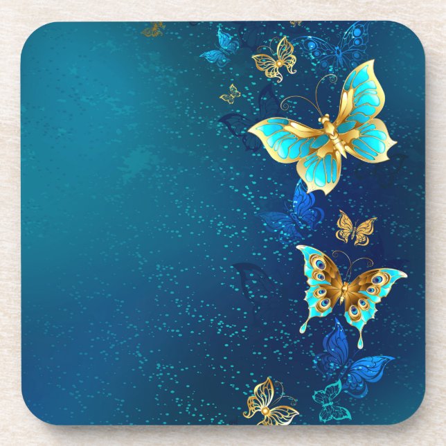 Golden Butterflies on a Blue Background Beverage Coaster (Front)