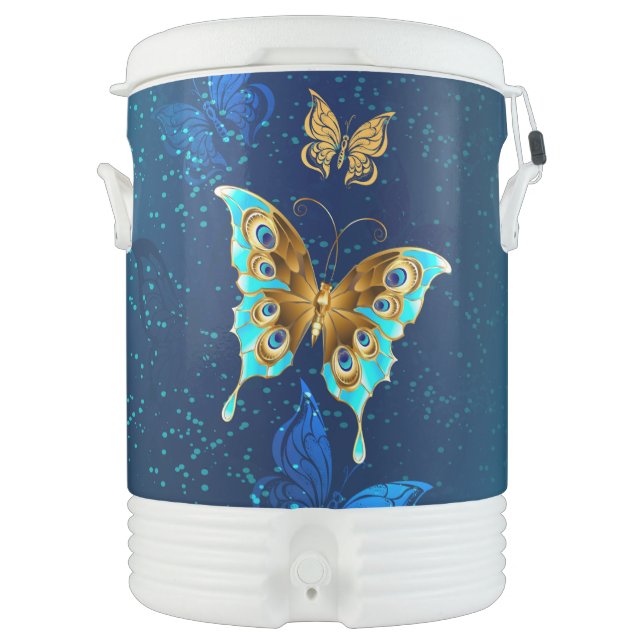 Golden Butterflies on a Blue Background Beverage Cooler (Front)