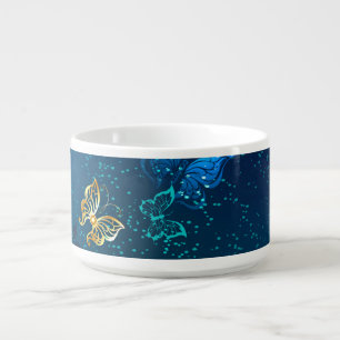 Golden Butterflies on a Blue Background Bowl
