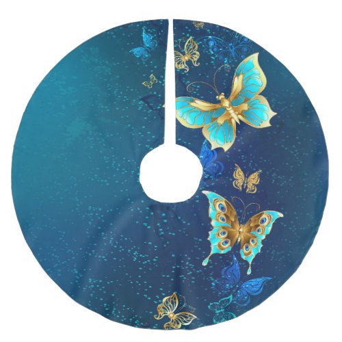 Golden Butterflies on a Blue Background Brushed Polyester Tree Skirt