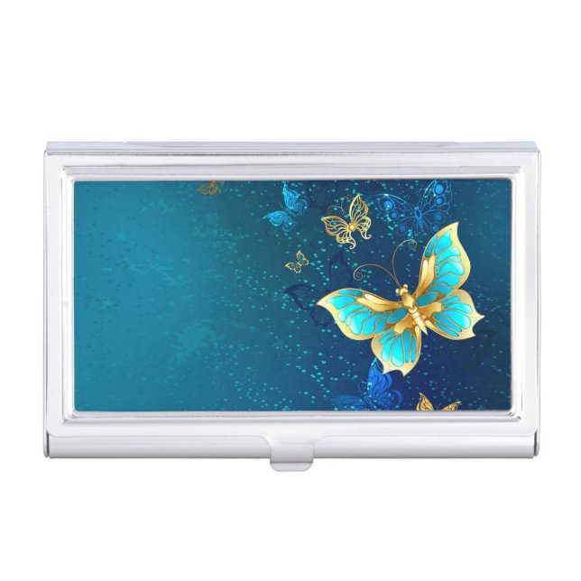 Golden Butterflies on a Blue Background Business Card Case (Front)
