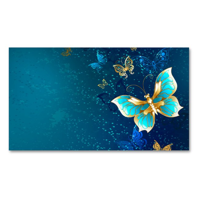 Golden Butterflies on a Blue Background Business Card Magnet (Front)