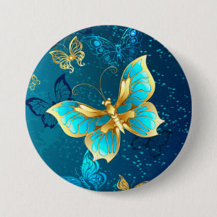 Golden Butterflies on a Blue Background Button