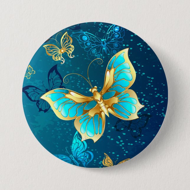 Golden Butterflies on a Blue Background Button (Front)