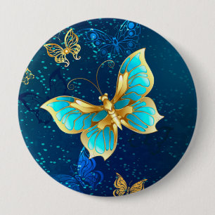 Golden Butterflies on a Blue Background Button