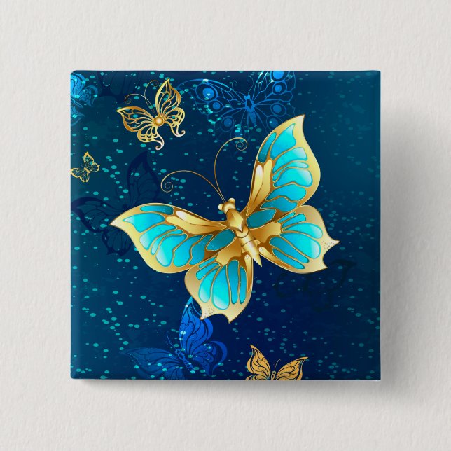 Golden Butterflies on a Blue Background Button (Front)
