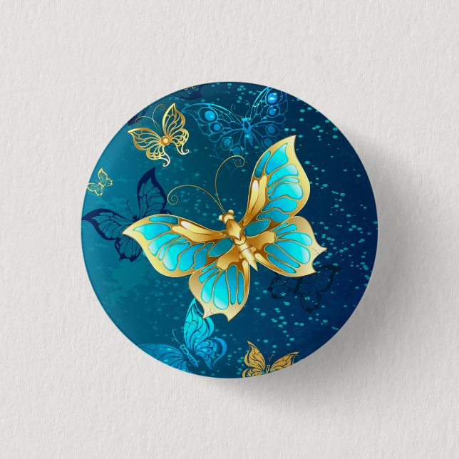 Golden Butterflies on a Blue Background Button (Front)