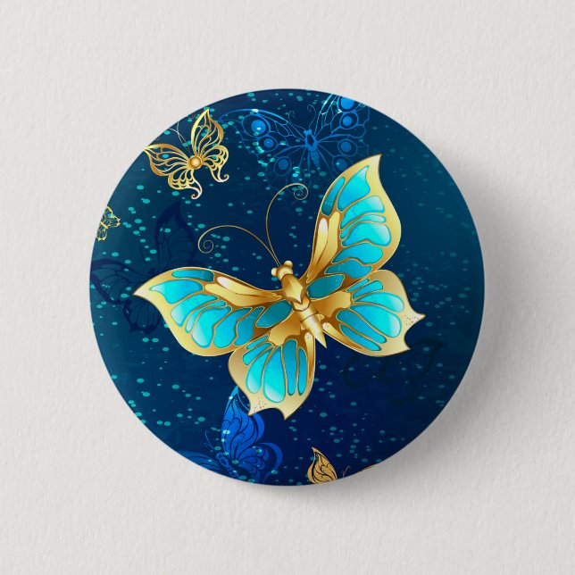 Golden Butterflies on a Blue Background Button (Front)