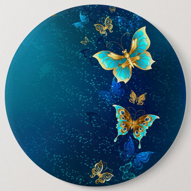 Golden Butterflies on a Blue Background Button (Front)