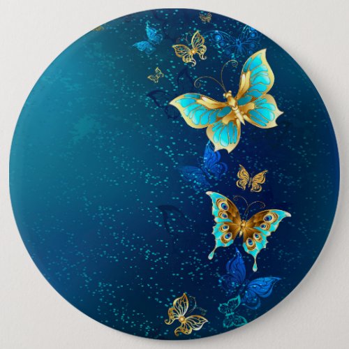 Golden Butterflies on a Blue Background Button