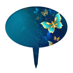 Golden Butterflies on a Blue Background Cake Topper
