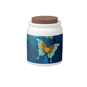 Golden Butterflies on a Blue Background Candy Jar
