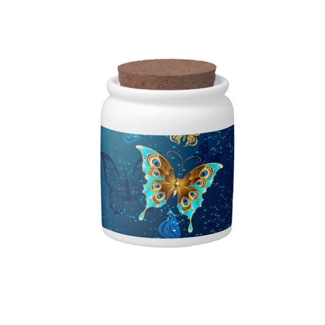 Golden Butterflies on a Blue Background Candy Jar (Front)