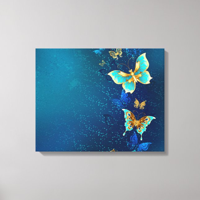 Golden Butterflies on a Blue Background Canvas Print (Front)
