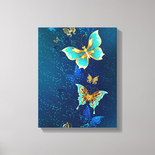Golden Butterflies on a Blue Background Canvas Print (Front)