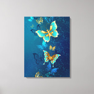 Golden Butterflies on a Blue Background Canvas Print
