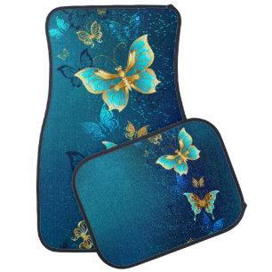 Golden Butterflies on a Blue Background Car Floor Mat