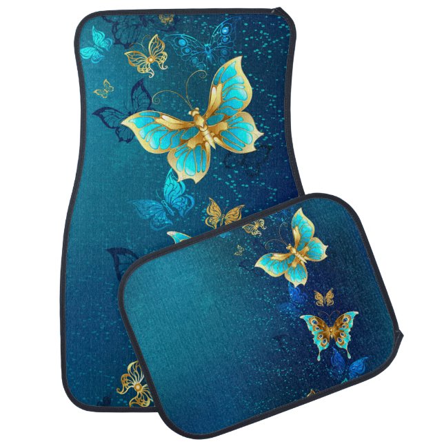 Golden Butterflies on a Blue Background Car Floor Mat (Set)