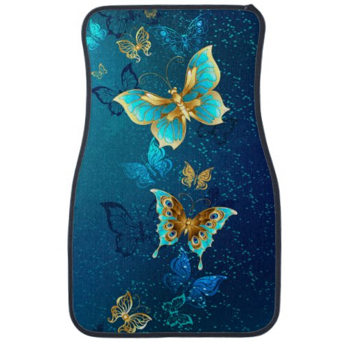 Golden Butterflies on a Blue Background Car Floor Mat