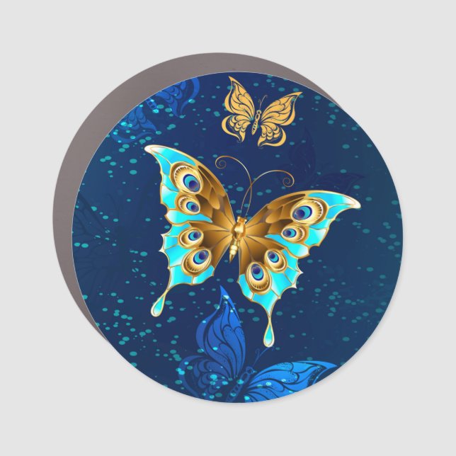 Golden Butterflies on a Blue Background Car Magnet (Front)