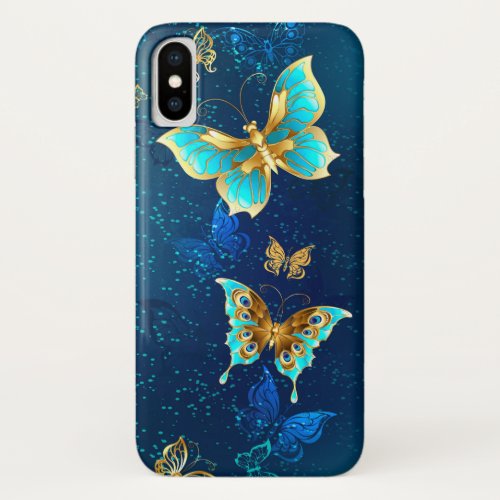 Golden Butterflies on a Blue Background iPhone XS Case