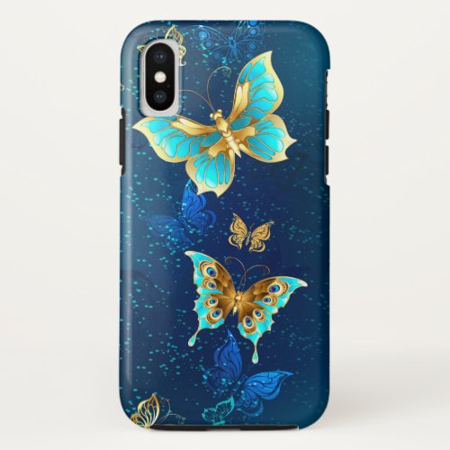 Golden Butterflies on a Blue Background iPhone XS Case