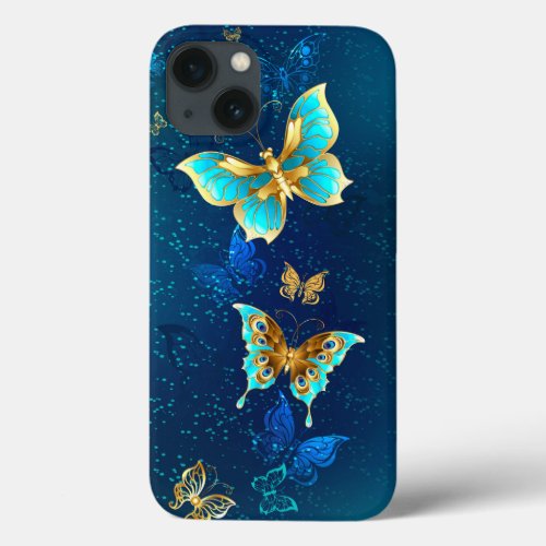 Golden Butterflies on a Blue Background iPhone 13 Case