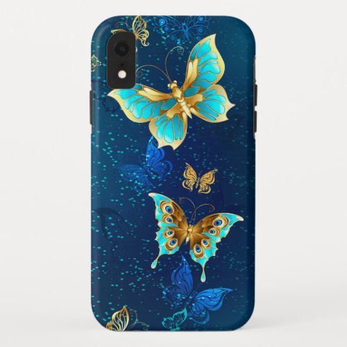 Golden Butterflies on a Blue Background iPhone XR Case