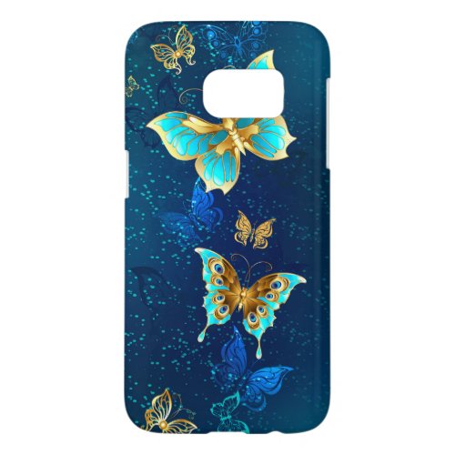 Golden Butterflies on a Blue Background Samsung Galaxy S7 Case