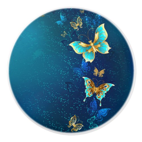 Golden Butterflies on a Blue Background Ceramic Knob