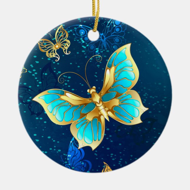 Golden Butterflies on a Blue Background Ceramic Ornament (Front)