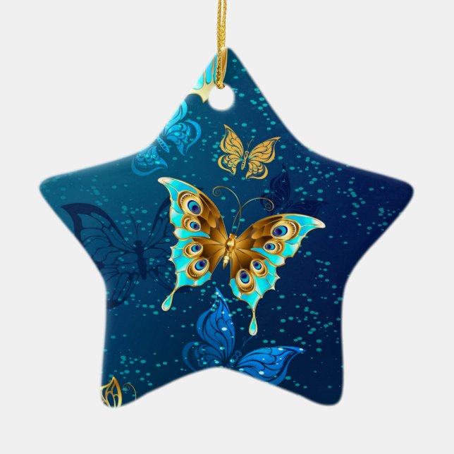 Golden Butterflies on a Blue Background Ceramic Ornament (Front)