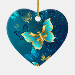 Golden Butterflies on a Blue Background Ceramic Ornament