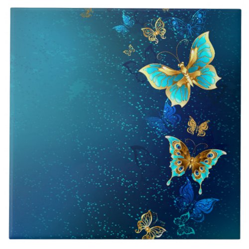 Golden Butterflies on a Blue Background Ceramic Tile