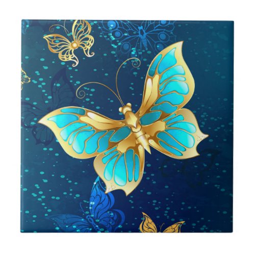 Golden Butterflies on a Blue Background Ceramic Tile