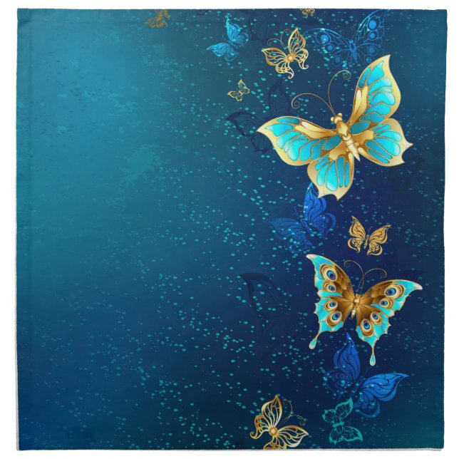 Golden Butterflies on a Blue Background Cloth Napkin (Front)