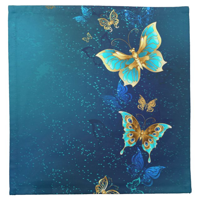 Golden Butterflies on a Blue Background Cloth Napkin (Front)