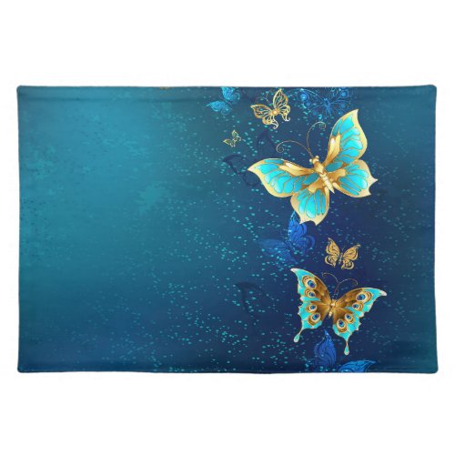 Golden Butterflies on a Blue Background Cloth Placemat