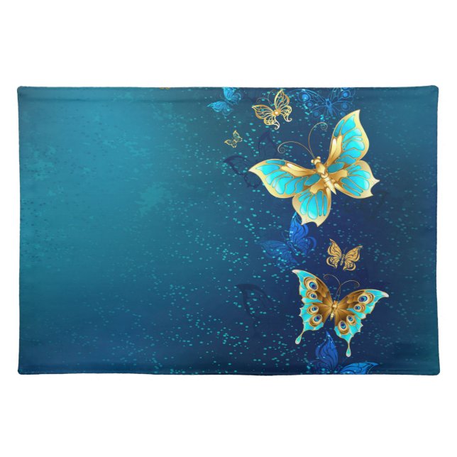 Golden Butterflies on a Blue Background Cloth Placemat (Front)